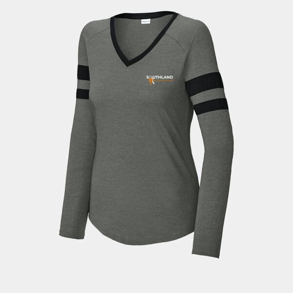 Optional Logo - Women's Halftime Stripe Long Sleeve V Neck Tee Thumbnail