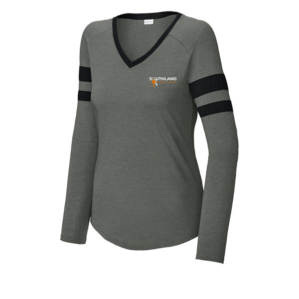 Optional Logo - Women's Halftime Stripe Long Sleeve V Neck Tee Thumbnail
